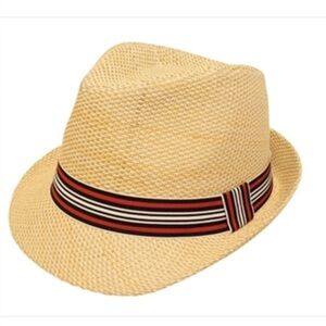 Stylish Tan Fedora with Striped Band and Feather Accents